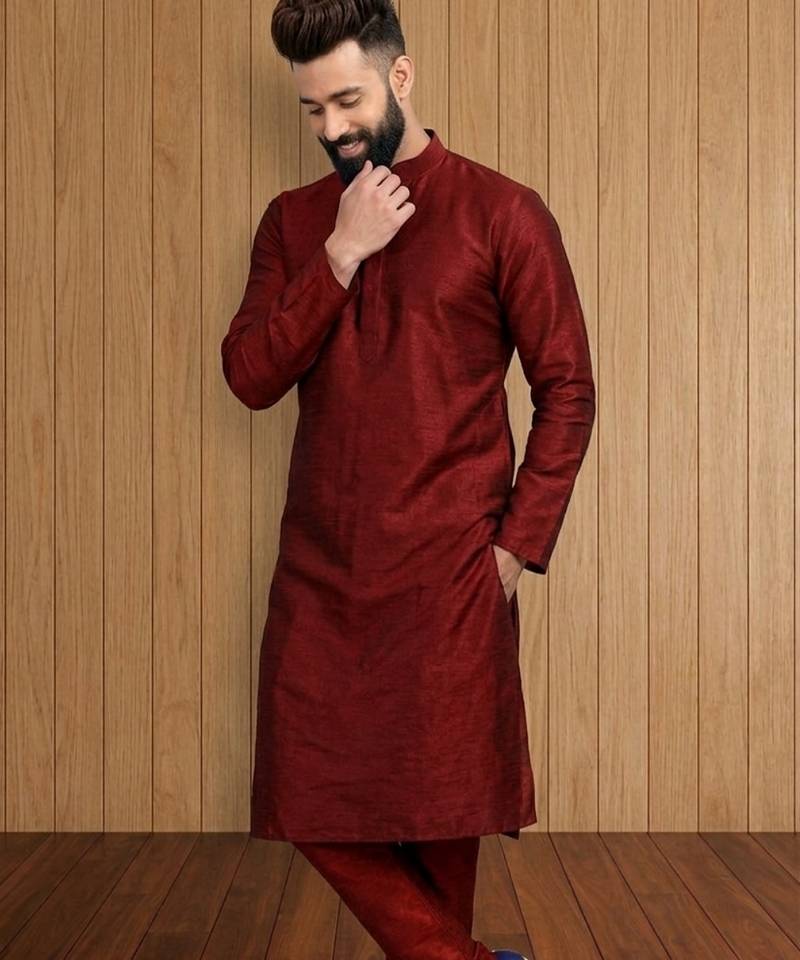 Maroon embroidered dupion silk kurta set