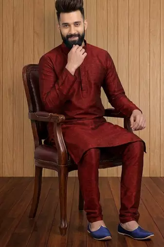 Maroon embroidered dupion silk kurta set