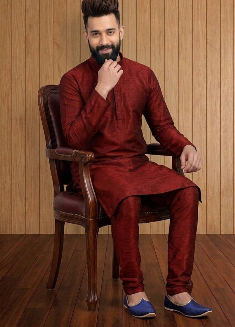 Maroon embroidered dupion silk kurta set