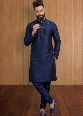 Blue embroidered dupion silk kurta set 1