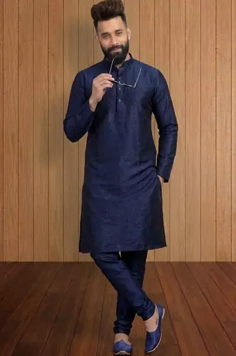 Blue embroidered dupion silk kurta set
