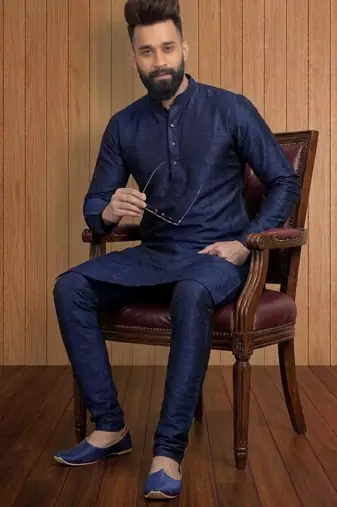 Blue embroidered dupion silk kurta set
