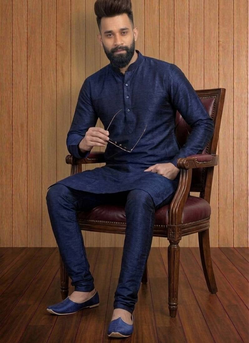 Blue embroidered dupion silk kurta set