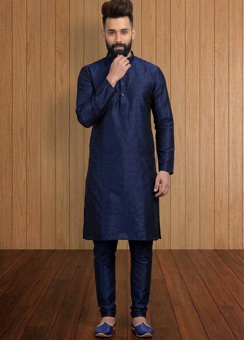 Blue embroidered dupion silk kurta set