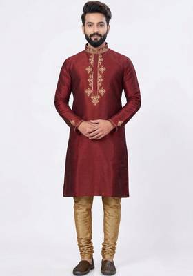 Maroon embroidered dupion silk kurta set 1