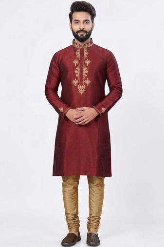 Maroon embroidered dupion silk kurta set