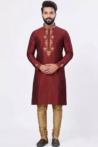 Maroon embroidered dupion silk kurta set