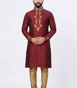 Maroon embroidered dupion silk kurta set
