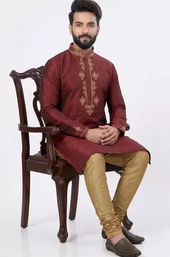 Maroon embroidered dupion silk kurta set