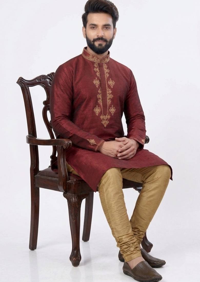 Maroon embroidered dupion silk kurta set