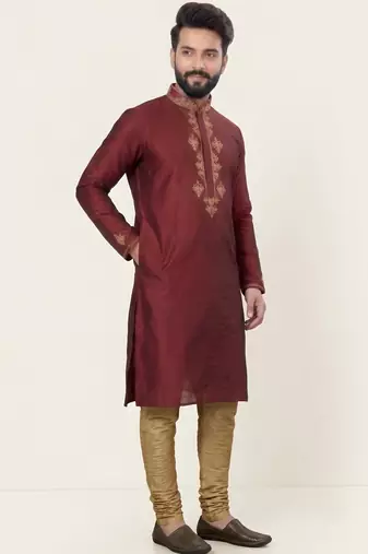 Maroon embroidered dupion silk kurta set