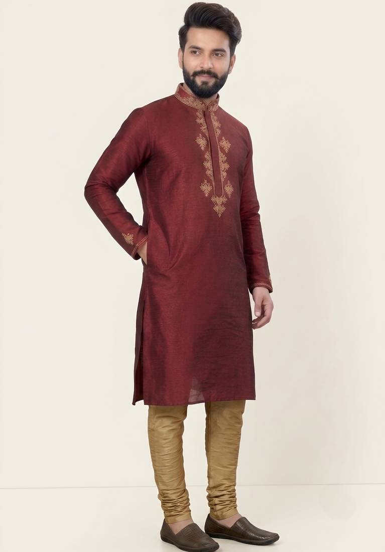 Maroon embroidered dupion silk kurta set