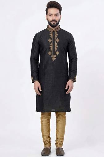 Black embroidered dupion silk kurta set