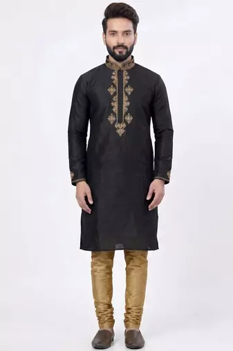 Black embroidered dupion silk kurta set