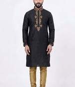 Black embroidered dupion silk kurta set