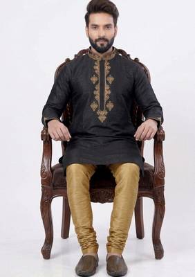 Black embroidered dupion silk kurta set 2