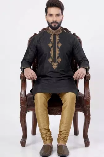 Black embroidered dupion silk kurta set