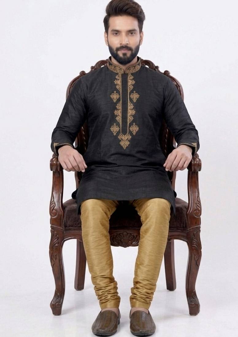 Black embroidered dupion silk kurta set