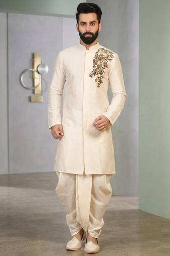 Cream embroidered dupion silk kurta set