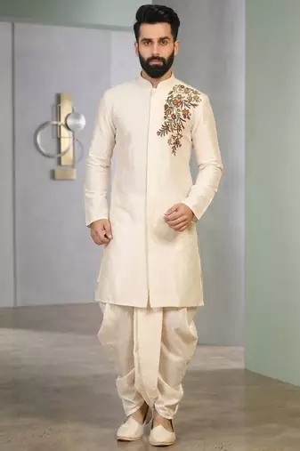 Cream embroidered dupion silk kurta set