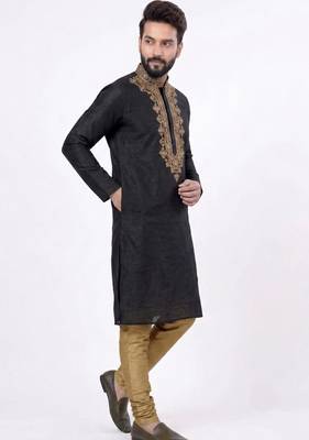 Black embroidered dupion silk kurta set 1