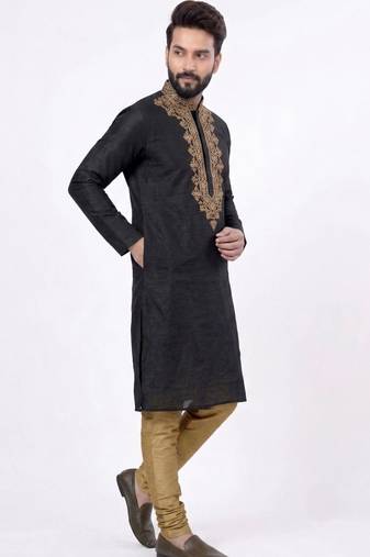 Black embroidered dupion silk kurta set