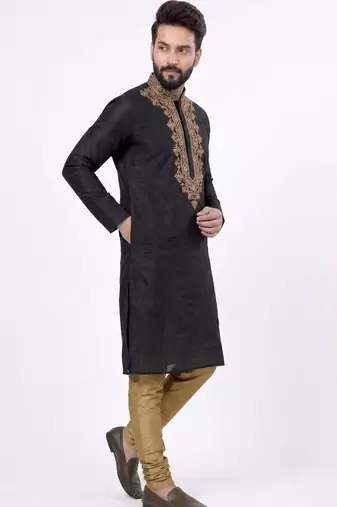 Black embroidered dupion silk kurta set