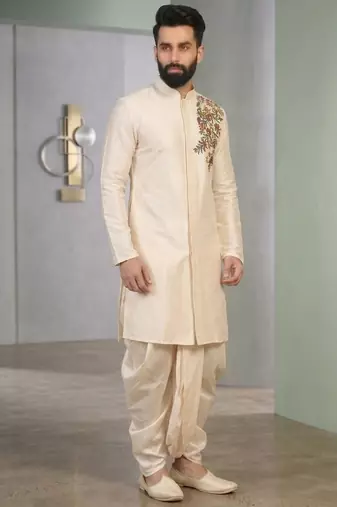 Cream embroidered dupion silk kurta set