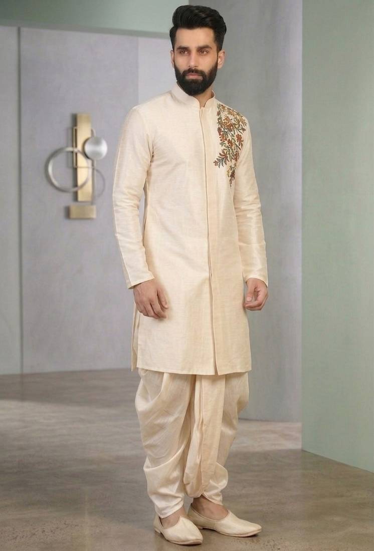 Cream embroidered dupion silk kurta set