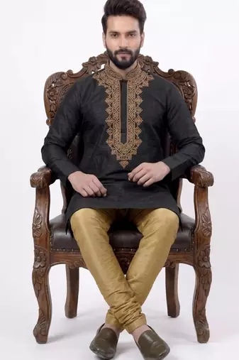 Black embroidered dupion silk kurta set