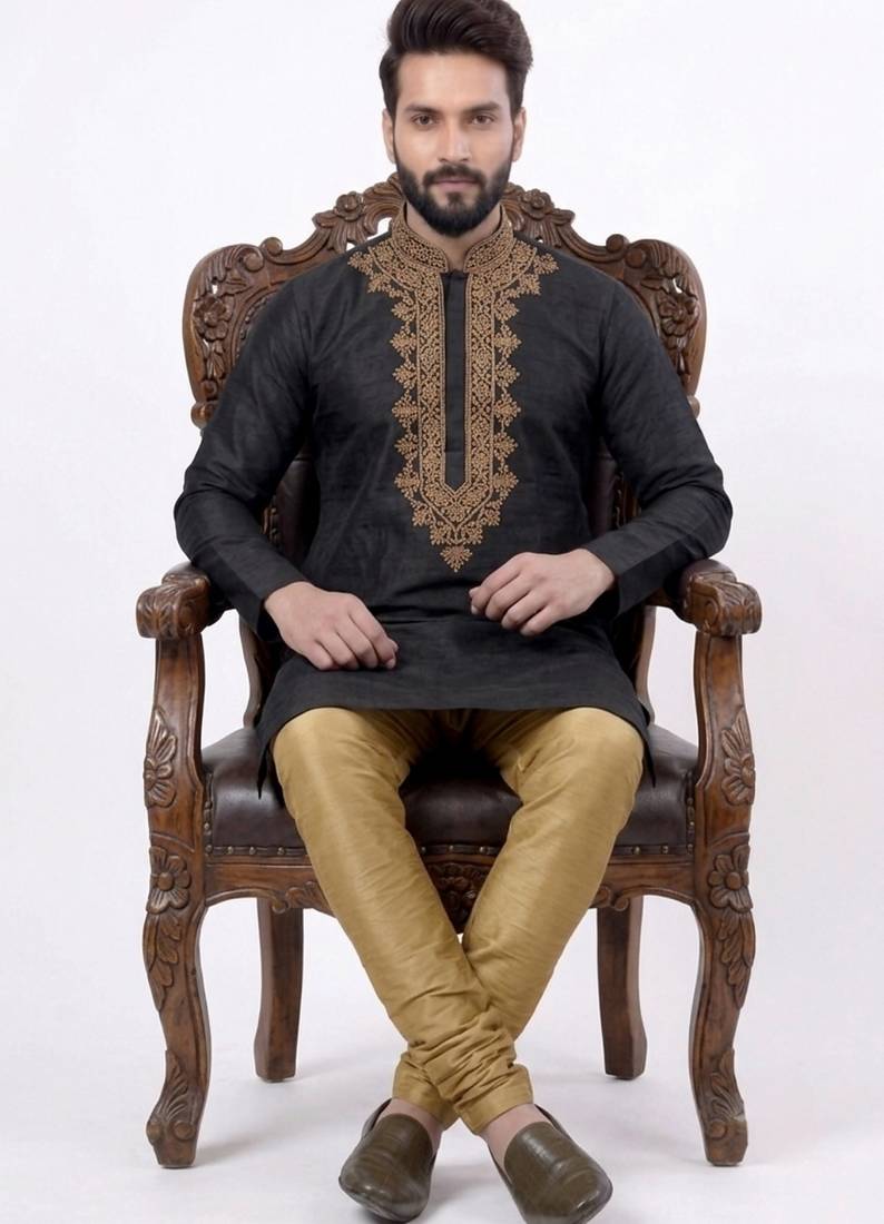 Black embroidered dupion silk kurta set