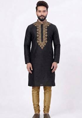 Black embroidered dupion silk kurta set 3