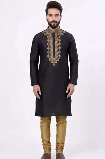 Black embroidered dupion silk kurta set