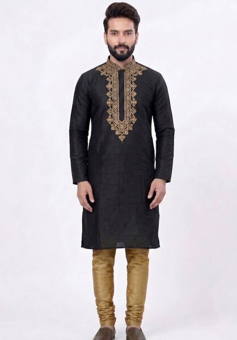 Black embroidered dupion silk kurta set