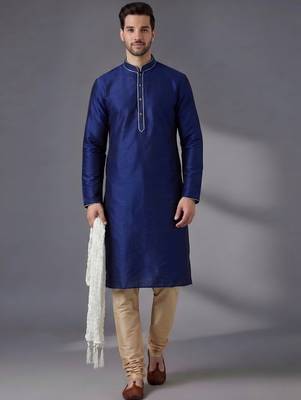 Blue embroidered dupion silk kurta set 1