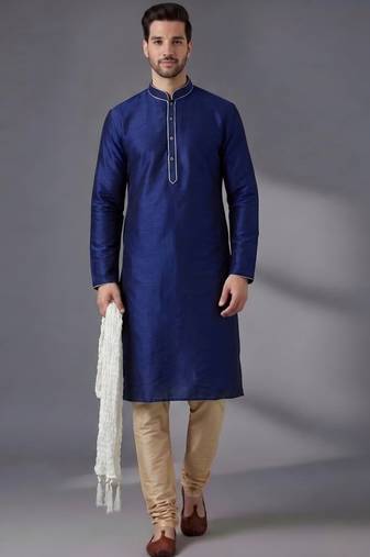Blue embroidered dupion silk kurta set
