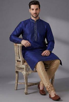 Blue embroidered dupion silk kurta set 3