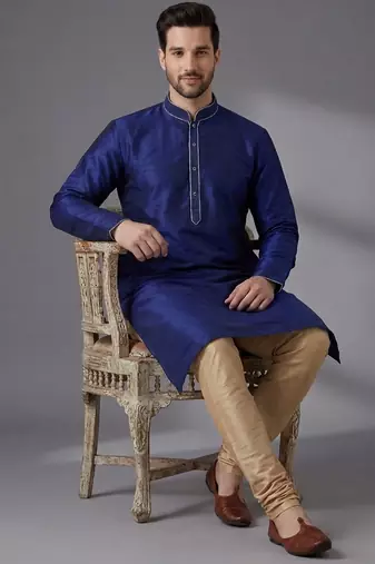 Blue embroidered dupion silk kurta set