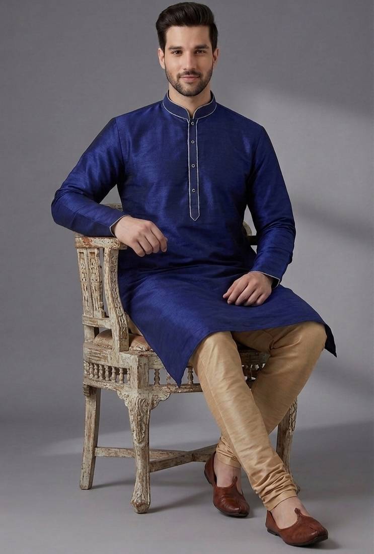 Blue embroidered dupion silk kurta set