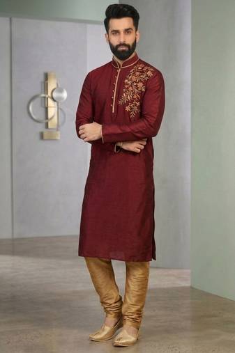 Maroon embroidered dupion silk kurta set