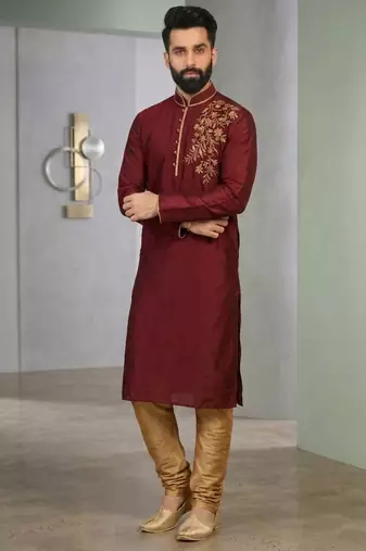 Maroon embroidered dupion silk kurta set