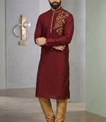 Maroon embroidered dupion silk kurta set