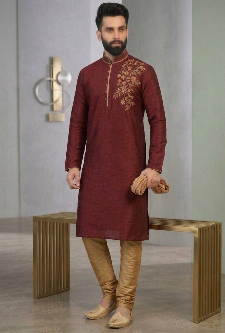 Maroon embroidered dupion silk kurta set