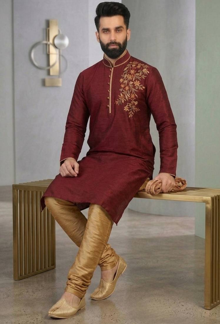 Maroon embroidered dupion silk kurta set