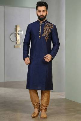 Blue embroidered dupion silk kurta set 1