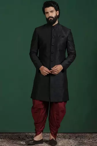 Black dupion silk indo western kurta set