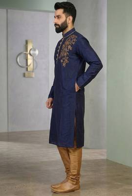 Blue embroidered dupion silk kurta set 2