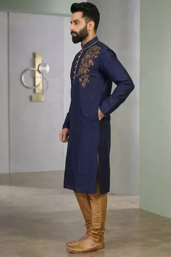 Blue embroidered dupion silk kurta set