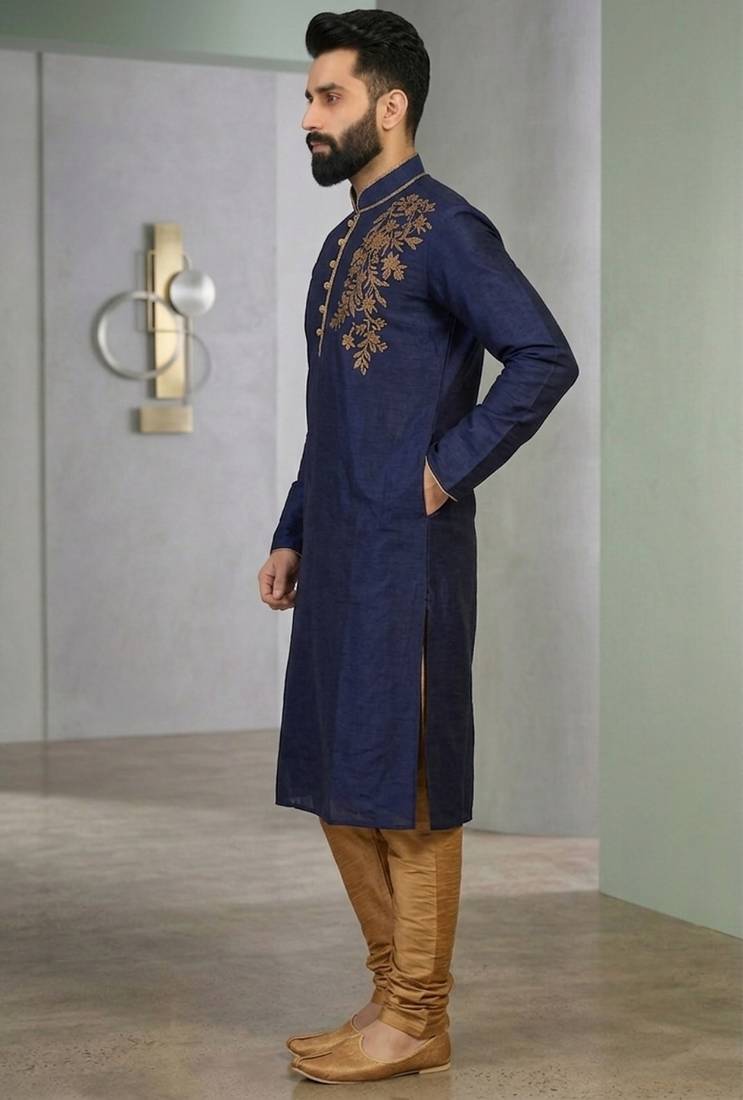 Blue embroidered dupion silk kurta set