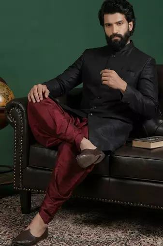 Black dupion silk indo western kurta set